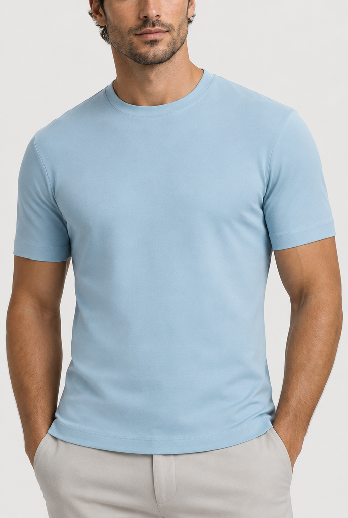 The Slim Tee in Mild Blue, garment detail