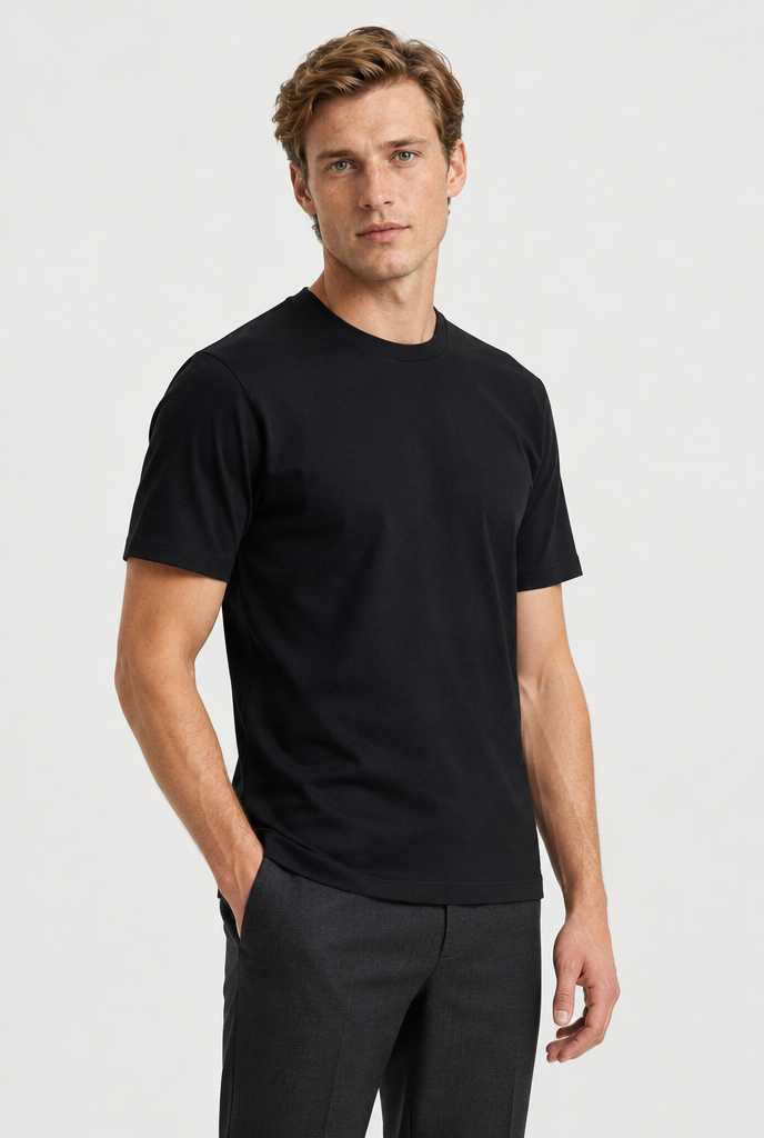Heirvale black essential tee three-quarter view