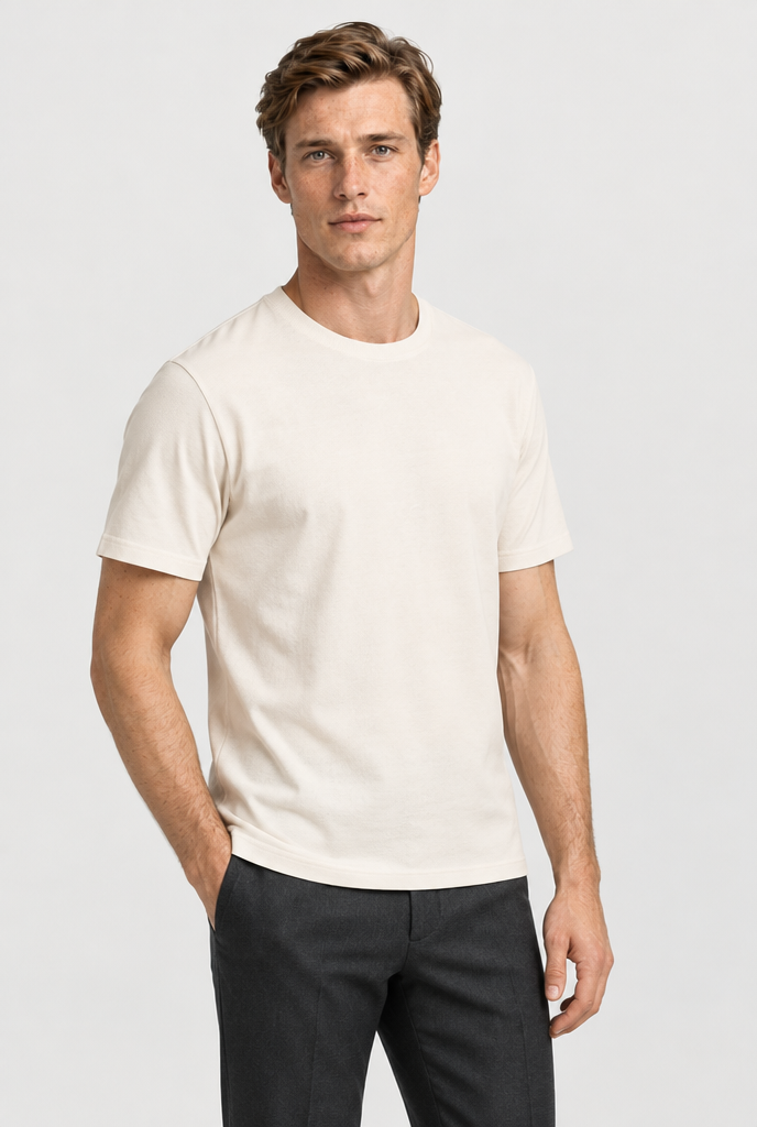 Heirvale off-white essential tee three-quarter view