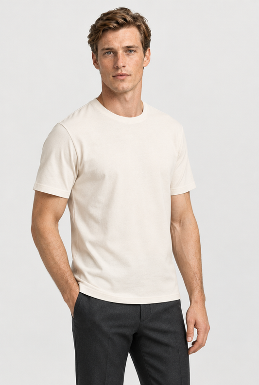 Heirvale off-white essential tee three-quarter view