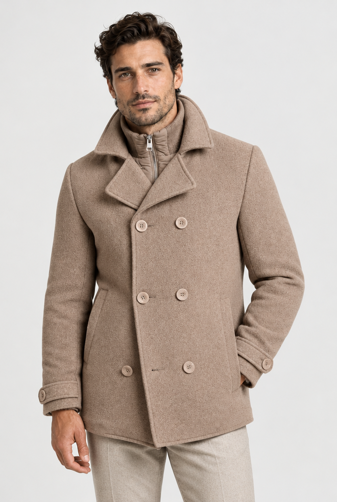 The Structured Peacoat in Mocha, front view