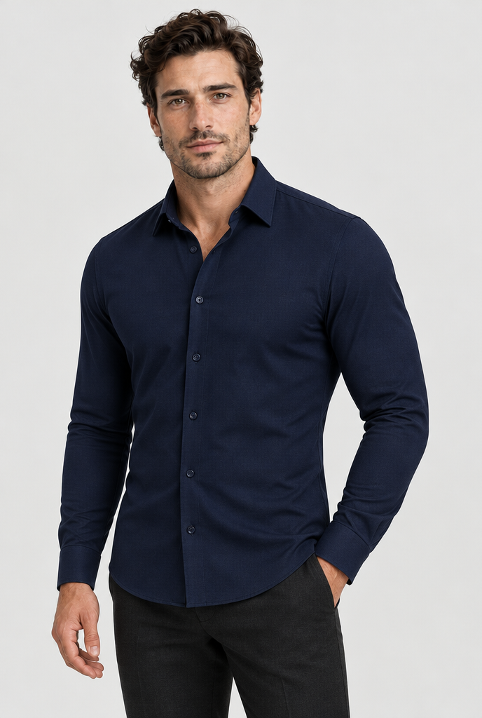 HEIRVALE fitted shirt, Navy, Long Sleeve