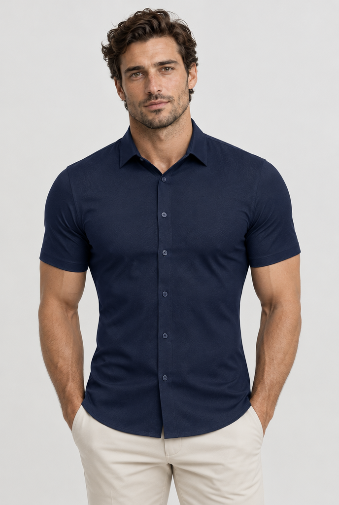 HEIRVALE fitted shirt, Navy, Short Sleeve