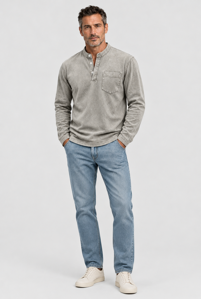 HEIRVALE The Long-Sleeve Henley in Light Gray
