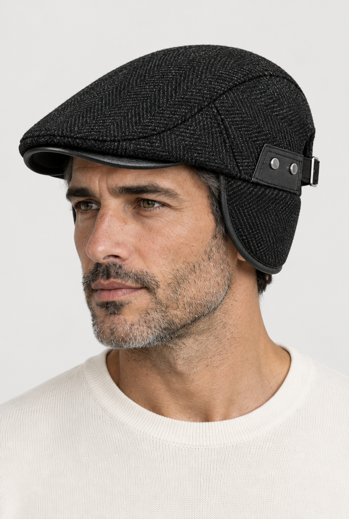 The Herringbone Earflap Cap — Classic Black