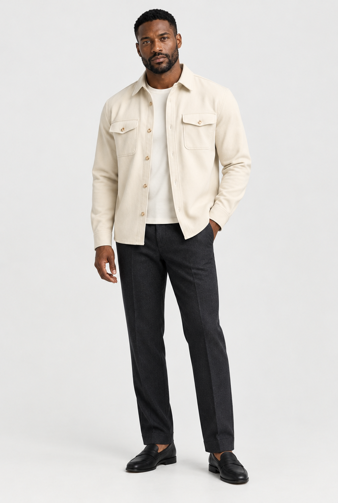 HEIRVALE The Pocket Overshirt — Light Beige — full look