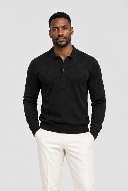 The Buttoned Knit Polo — Black