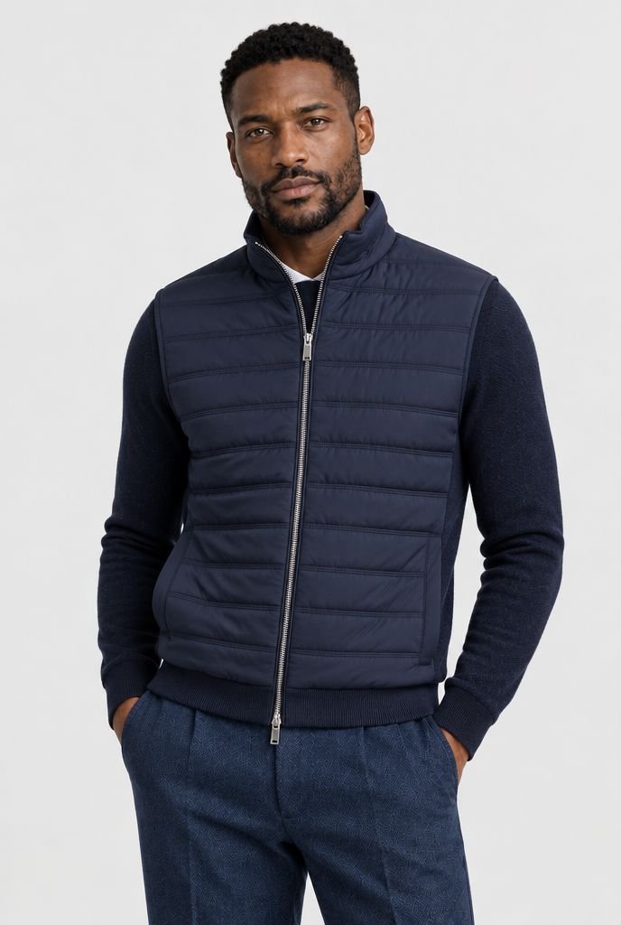The Quilted Gilet — Navy — product close-up