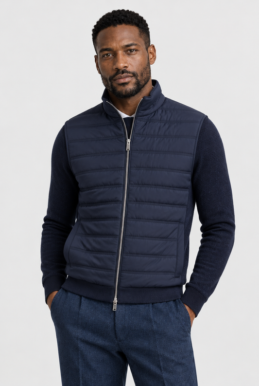 The Quilted Gilet — Navy — product close-up