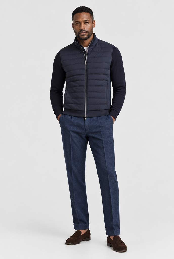 The Quilted Gilet — Navy — full look