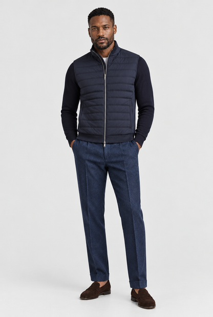 The Quilted Gilet — Navy — full look
