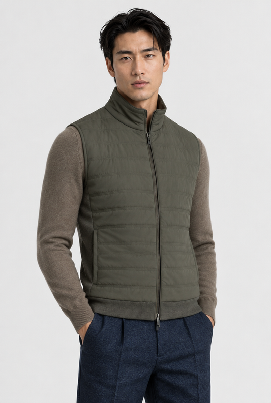 The Quilted Gilet — Olive Green — product close-up