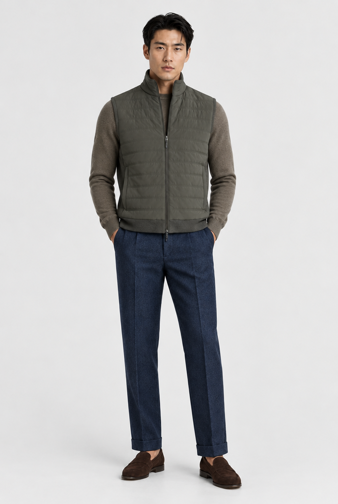 The Quilted Gilet — Olive Green — full look