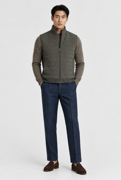The Quilted Gilet — Olive Green — full look