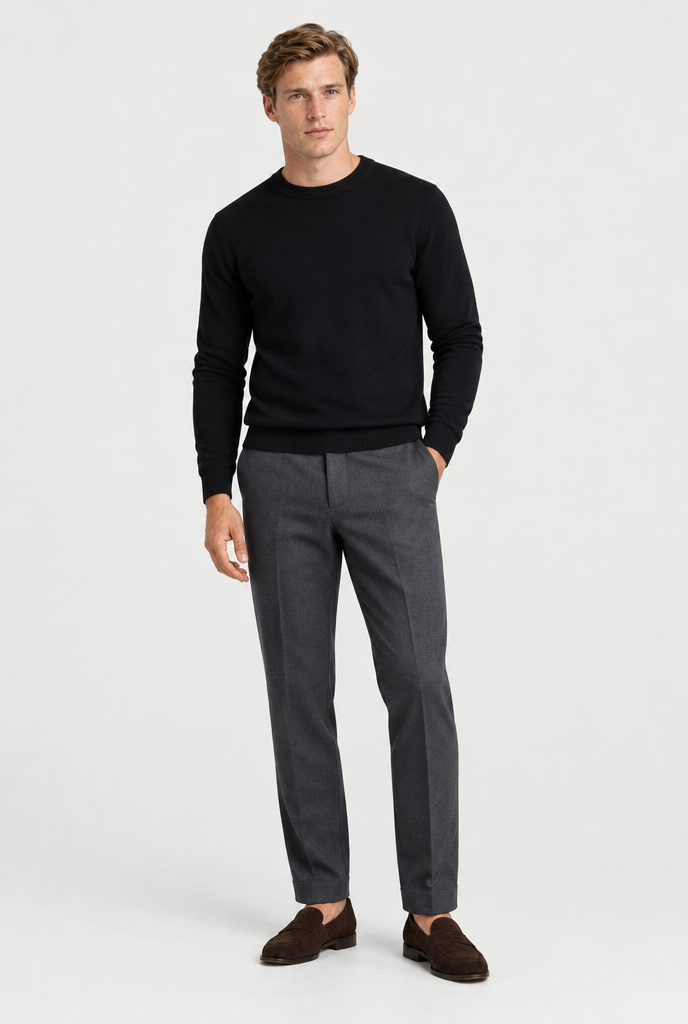 HEIRVALE The Rib-Trim Crewneck — Black — full look