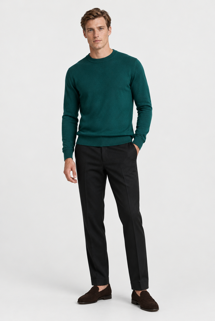 HEIRVALE The Rib-Trim Crewneck — Dark Teal — full look