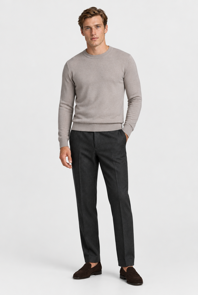 HEIRVALE The Rib-Trim Crewneck — Deep Stone — full look