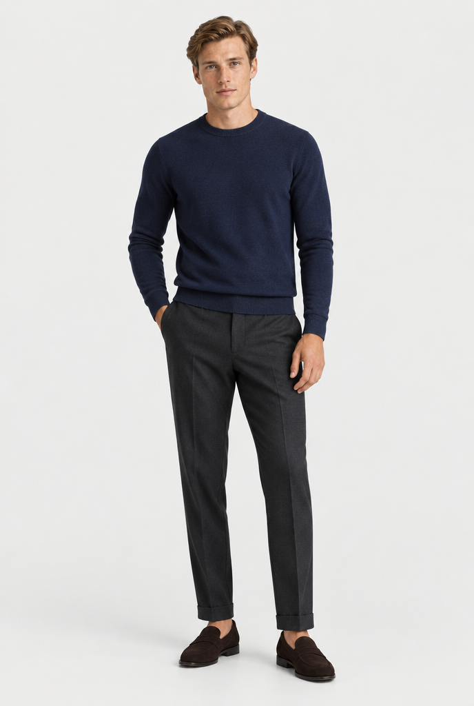 HEIRVALE The Rib-Trim Crewneck — Navy Blue — full look