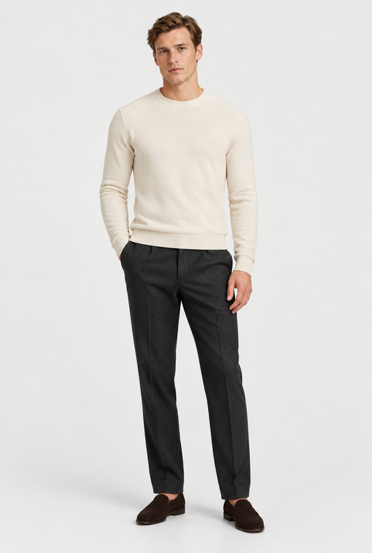 HEIRVALE The Rib-Trim Crewneck — Oat Milk — full look