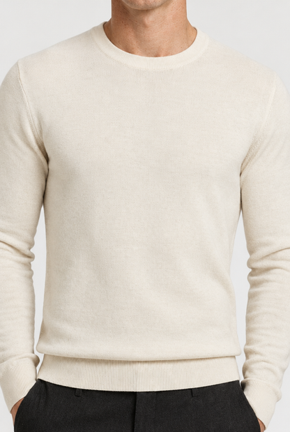 HEIRVALE The Rib-Trim Crewneck — Oat Milk — detail
