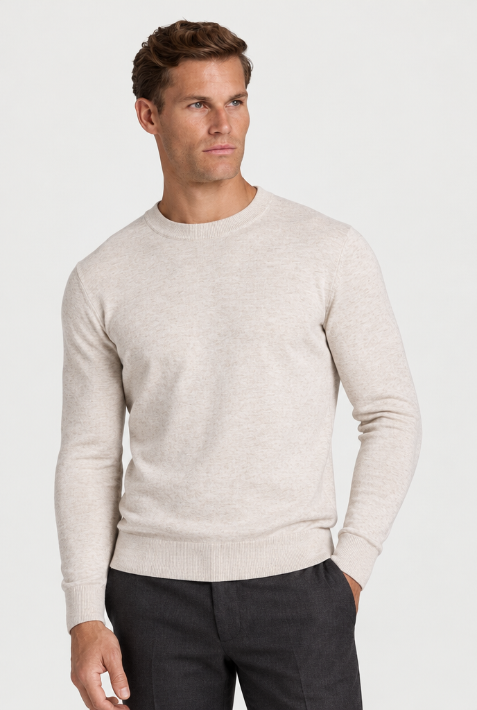 HEIRVALE The Rib-Trim Crewneck — Oat Milk Melange — primary