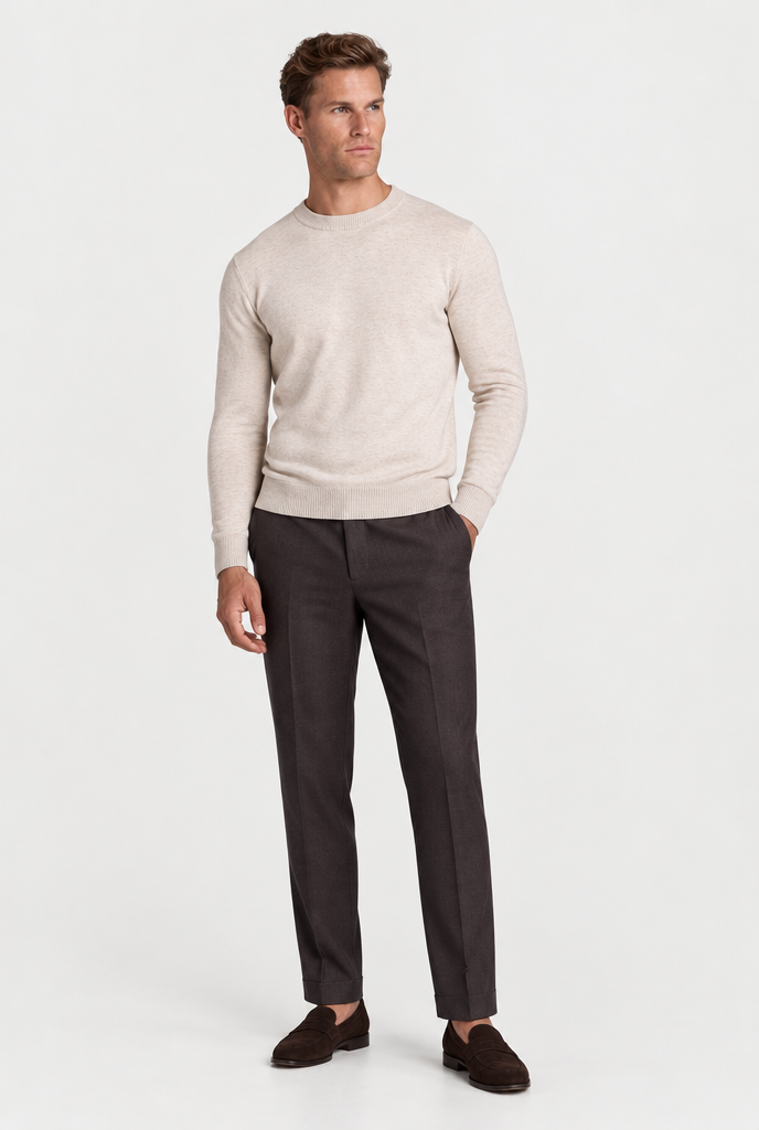 HEIRVALE The Rib-Trim Crewneck — Oat Milk Melange — full look