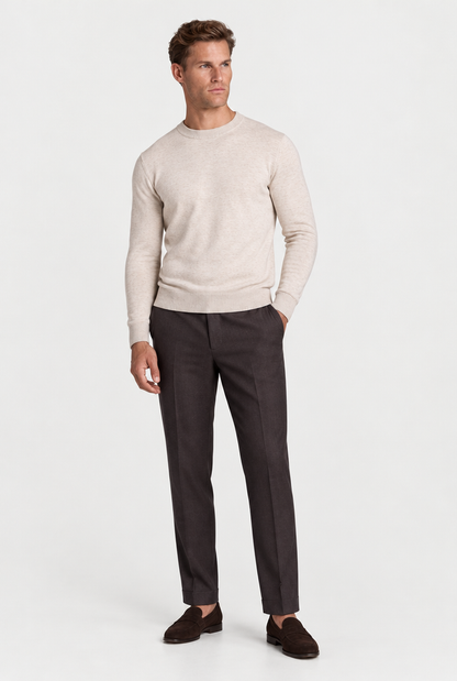 HEIRVALE The Rib-Trim Crewneck — Oat Milk Melange — full look