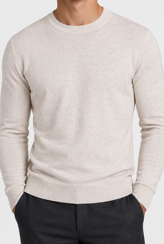 HEIRVALE The Rib-Trim Crewneck — Oat Milk Melange — detail