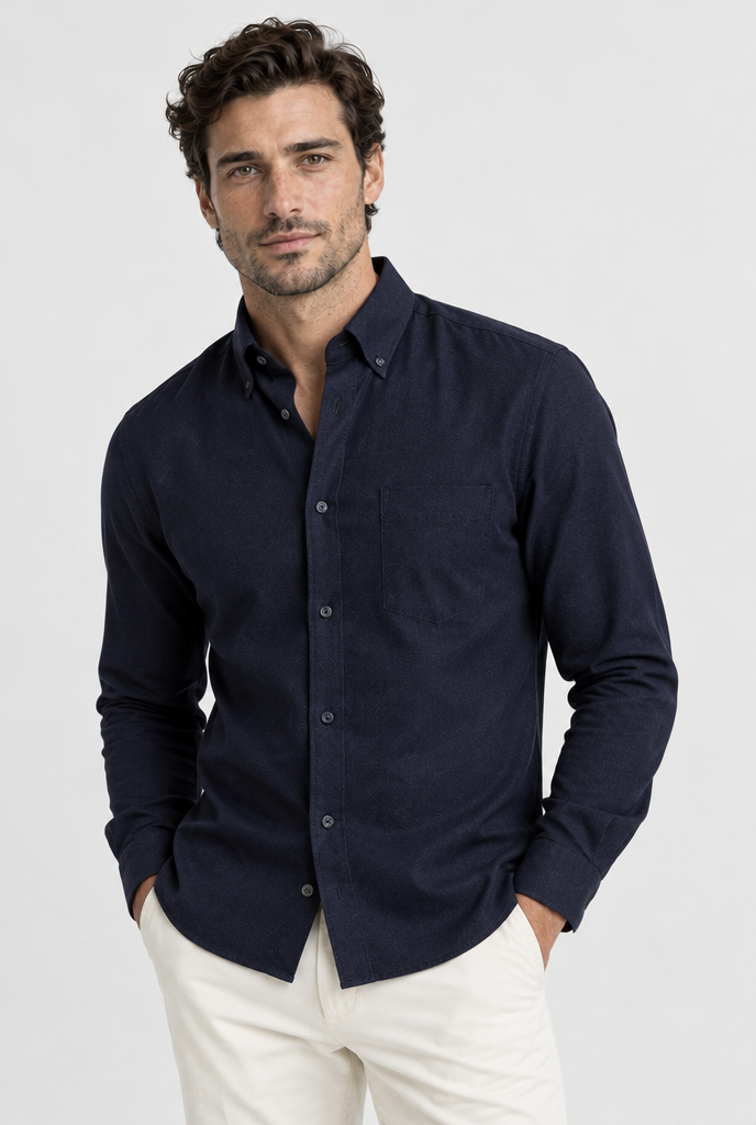 The Oxford Shirt — Navy — product close-up with Adrian