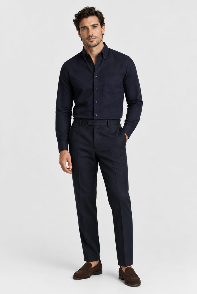 The Oxford Shirt — Navy — styled look with Adrian