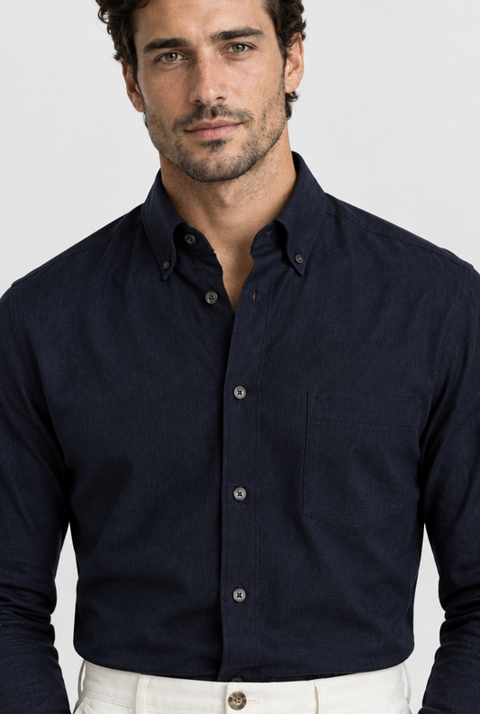 The Oxford Shirt — Navy — detail with Adrian