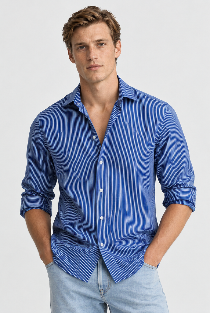 The Pinstripe Shirt — Blue & White — product close-up with Theo