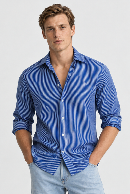 The Pinstripe Shirt — Blue & White — product close-up with Theo