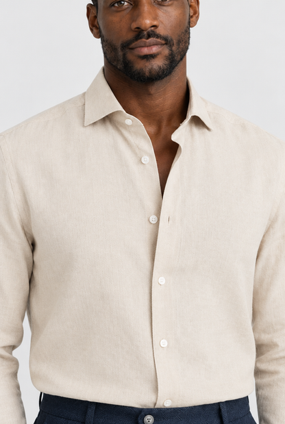 The Relaxed Shirt — Stone — detail with Malik