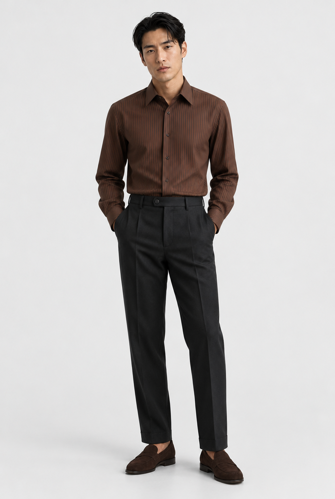 The Pinstripe Shirt — Chocolate — styled look with Ren