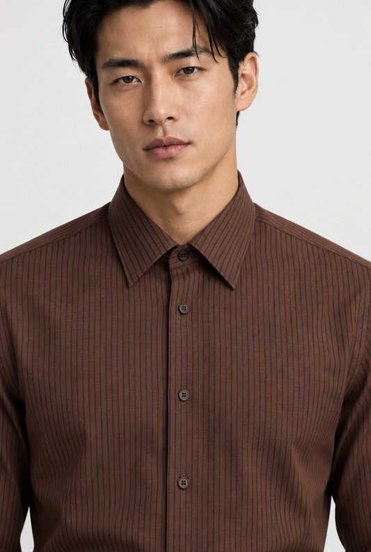 The Pinstripe Shirt — Chocolate — detail with Ren