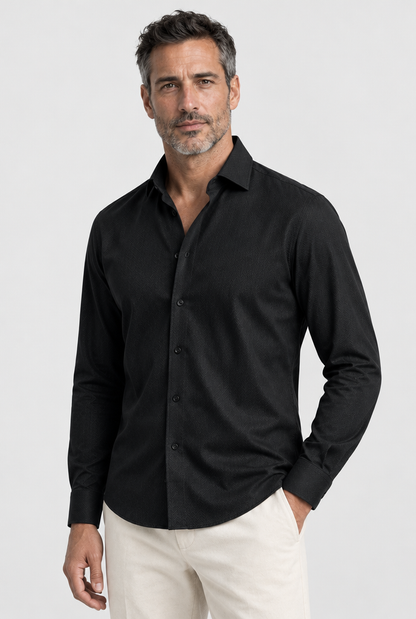 The Classic Shirt — Black — product close-up with Vincent