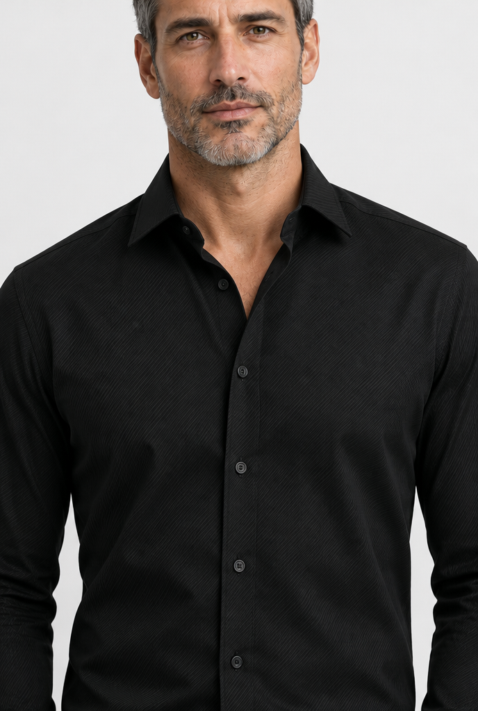 The Classic Shirt — Black — detail with Vincent
