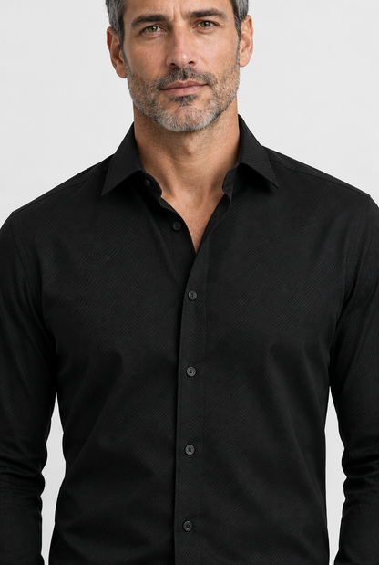 The Classic Shirt — Black — detail with Vincent