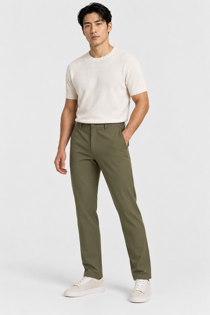Heirvale Tech Trouser in Army Green, front view on model