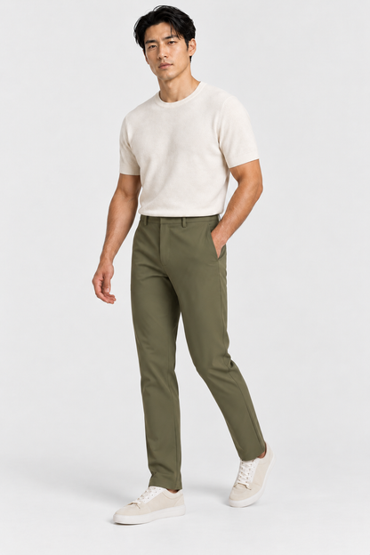 Heirvale Tech Trouser in Army Green, full outfit on model