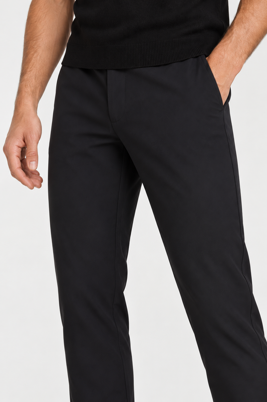 Heirvale Tech Trouser in Black, close-up of front and pocket
