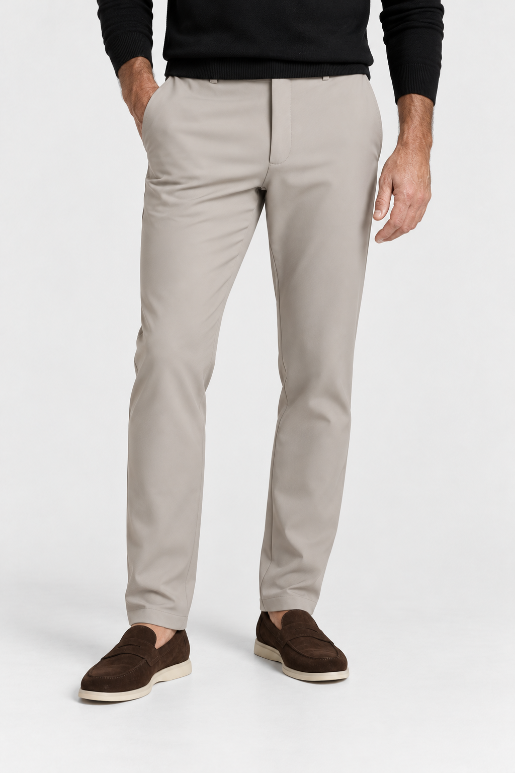 Heirvale Tech Trouser in Deep Stone, front view on model