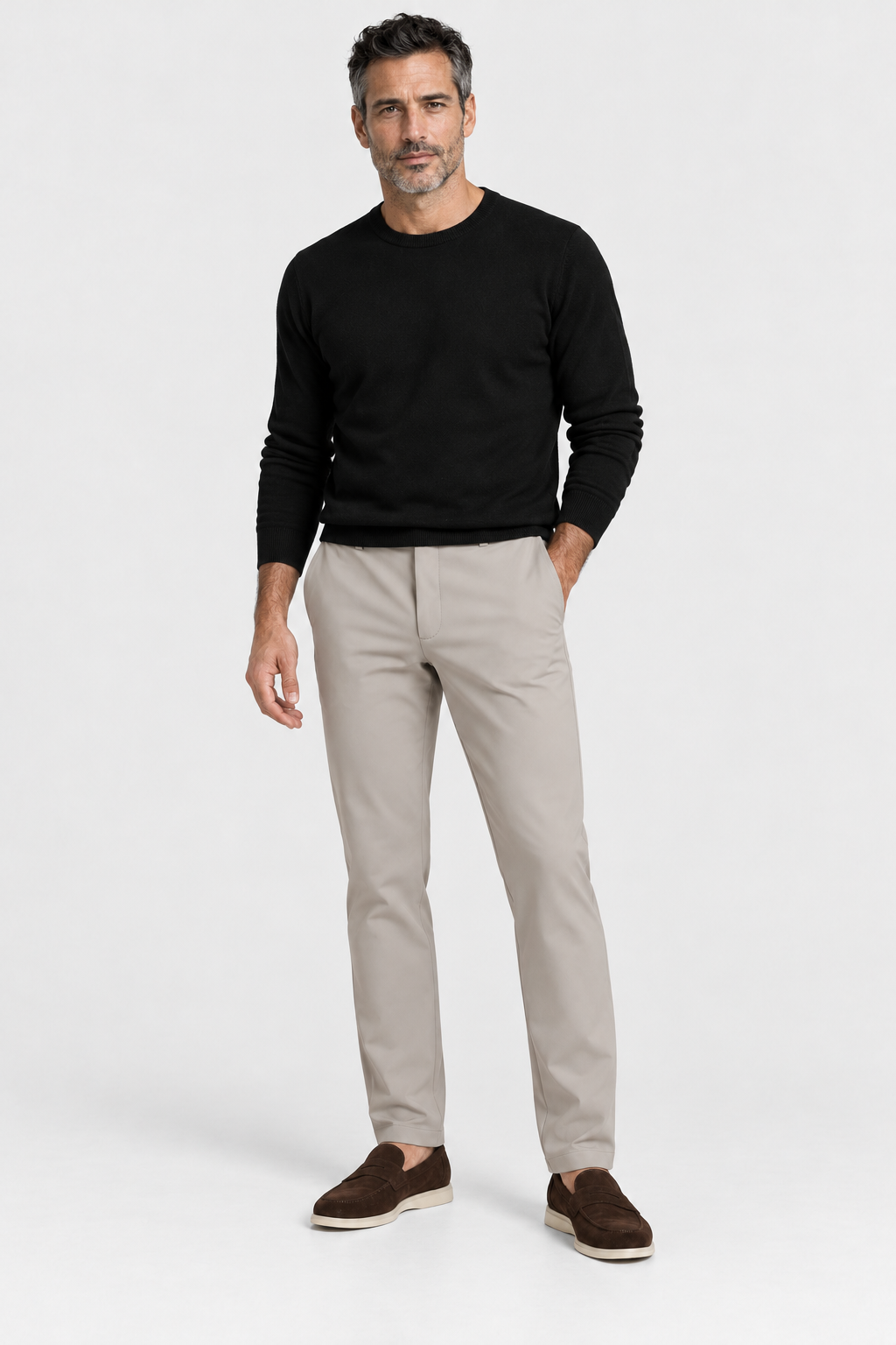 Heirvale Tech Trouser in Deep Stone, full outfit on model
