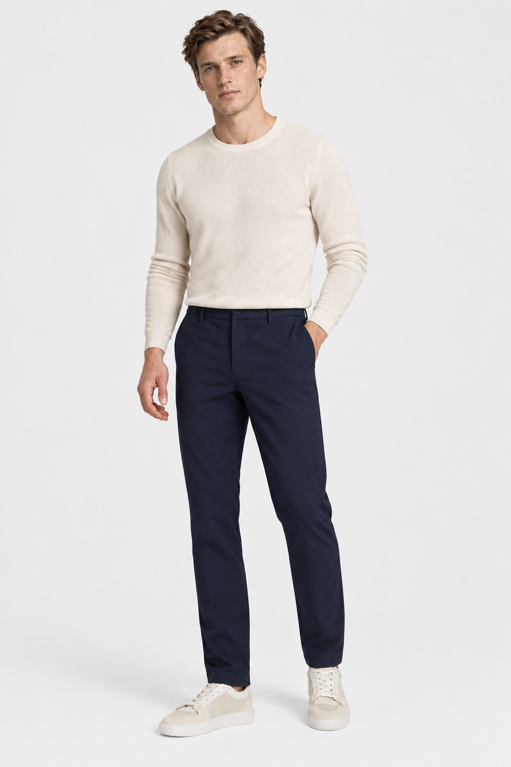 Heirvale Tech Trouser in Navy Blue, full outfit on model