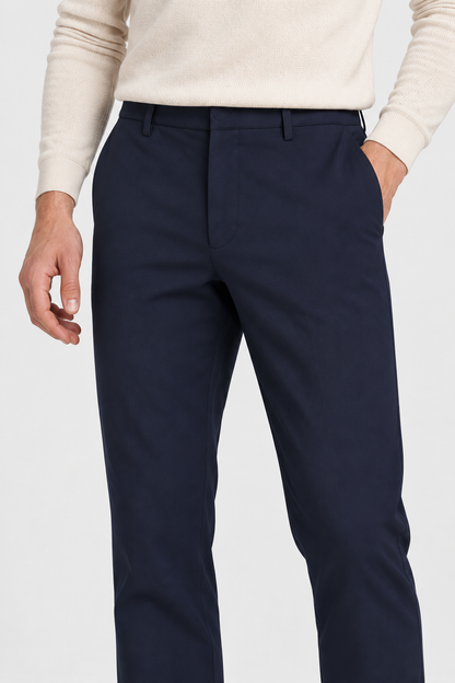 Heirvale Tech Trouser in Navy Blue, close-up of front and pocket