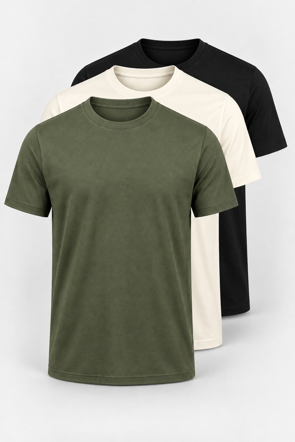 The Earth Edit 3-pack: olive, off-white and black plain T-shirts