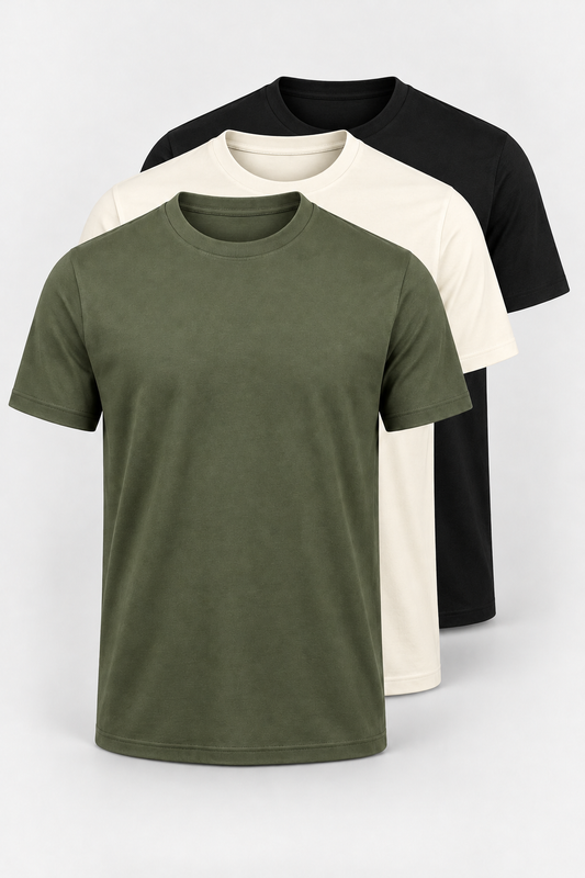 The Earth Edit 3-pack: olive, off-white and black plain T-shirts
