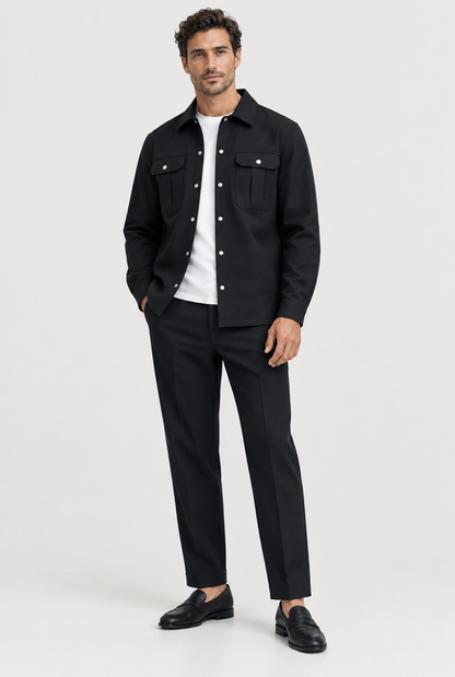 The Cargo Overshirt — Black — full-length studio look
