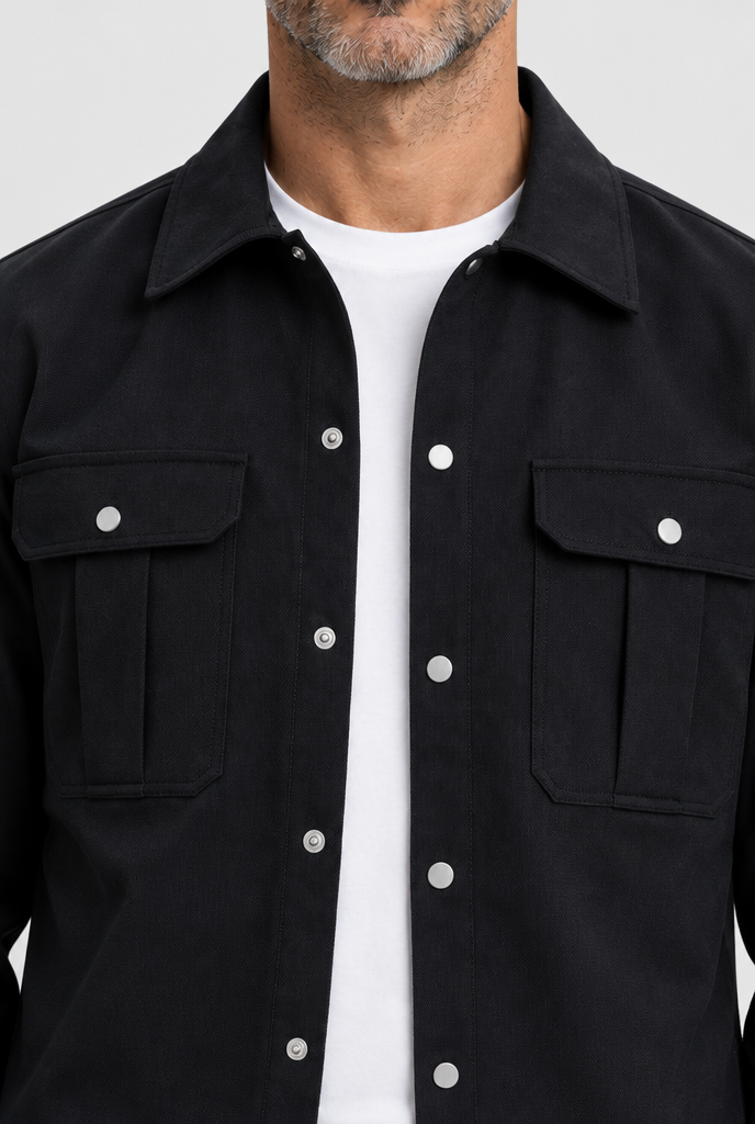 The Cargo Overshirt — Black — collar and pocket detail